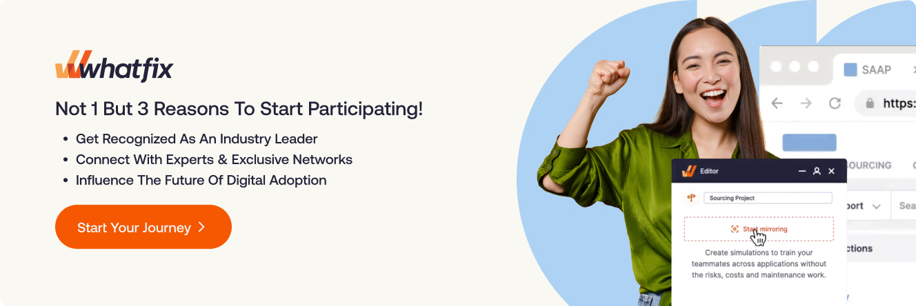 A smiling woman fist-pumps in excitement. Text beside her promotes Whatfix, listing three reasons to participate, and an orange button labeled Start Your Journey. An app interface screenshot is shown at the bottom right.